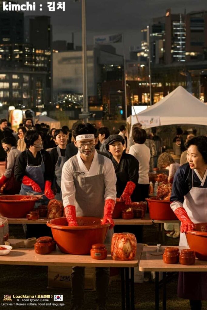A festive scene at a kimchi festival, with people enjoying food and activities.