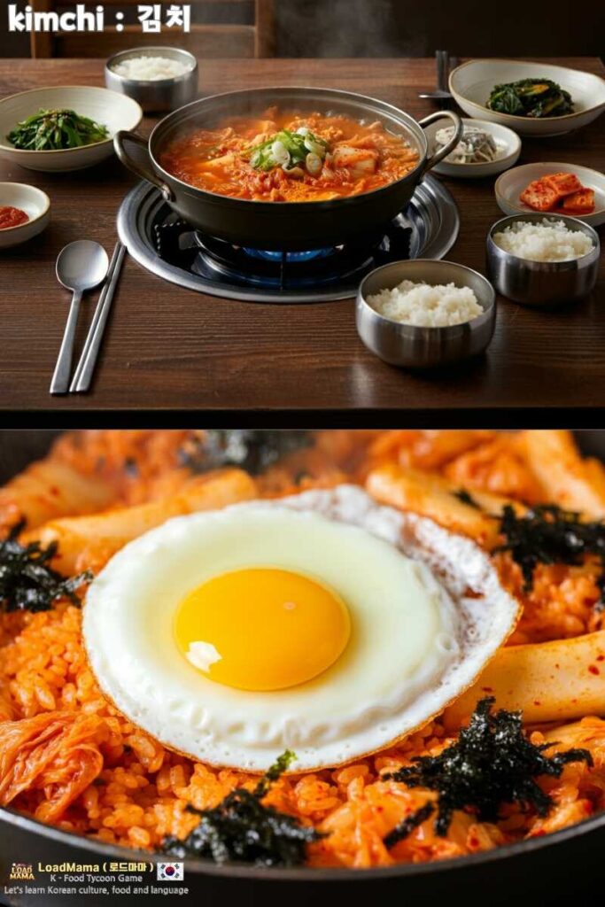 A steaming bowl of kimchi jjigae (kimchi stew) served with rice.