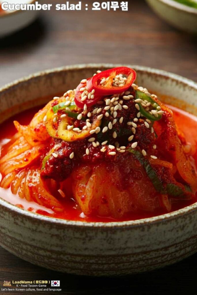 Chilled Oi Muchim Guksu, A refreshing summer noodle dish with Oi Muchim and cold broth