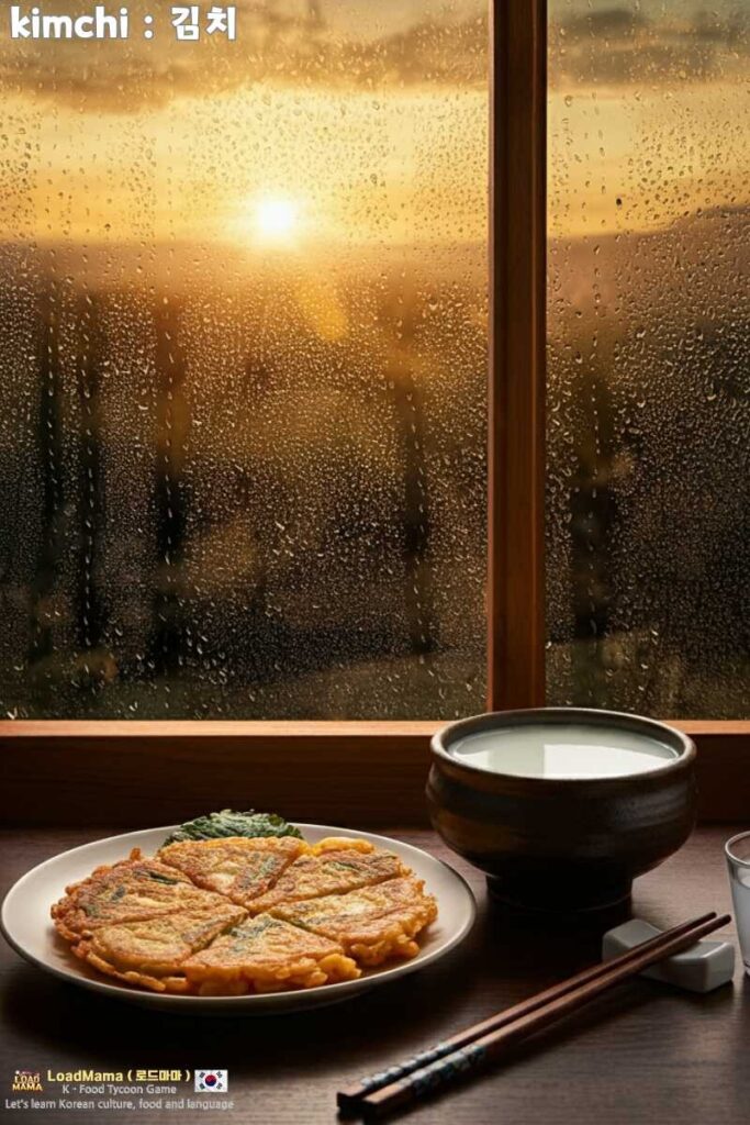 Crispy kimchi jeon (pancake) paired with a bowl of makgeolli (rice wine) on a rainy day.