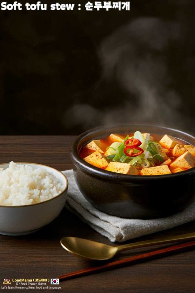 🍚 A Bowl of Soondubu Jjigae with Steaming White Rice, Ready to be Mixed and Devoured